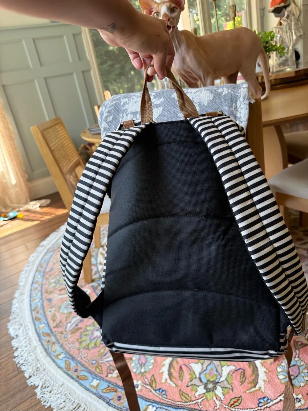 Black & White Striped Canvas Drawstring Flap Backpack Faux Leather Trim
